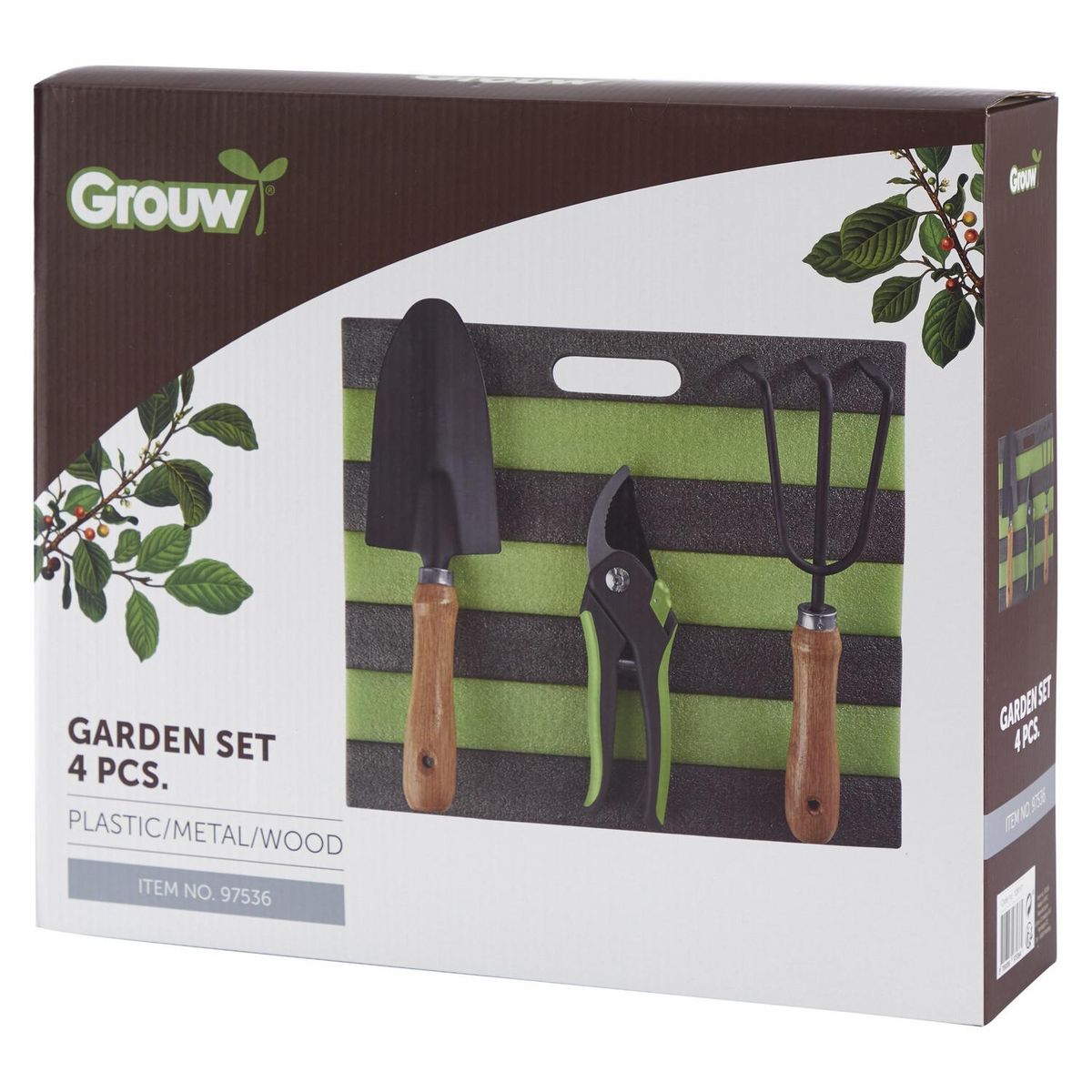 GROUW - Pack de jardinería Tijera podar+Pala+Rastrillo+Rodillera