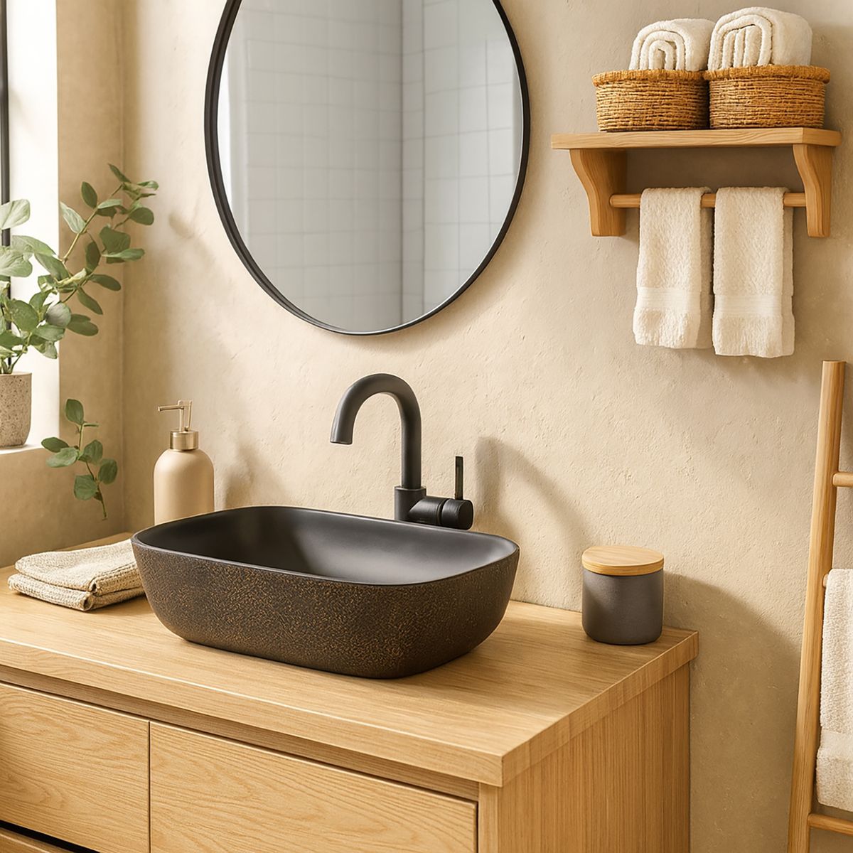 DOMSA - Lavamanos Sobrepuesto Forma Rectangular Loza 45.5x13.5x32 cm Negro/Dorado