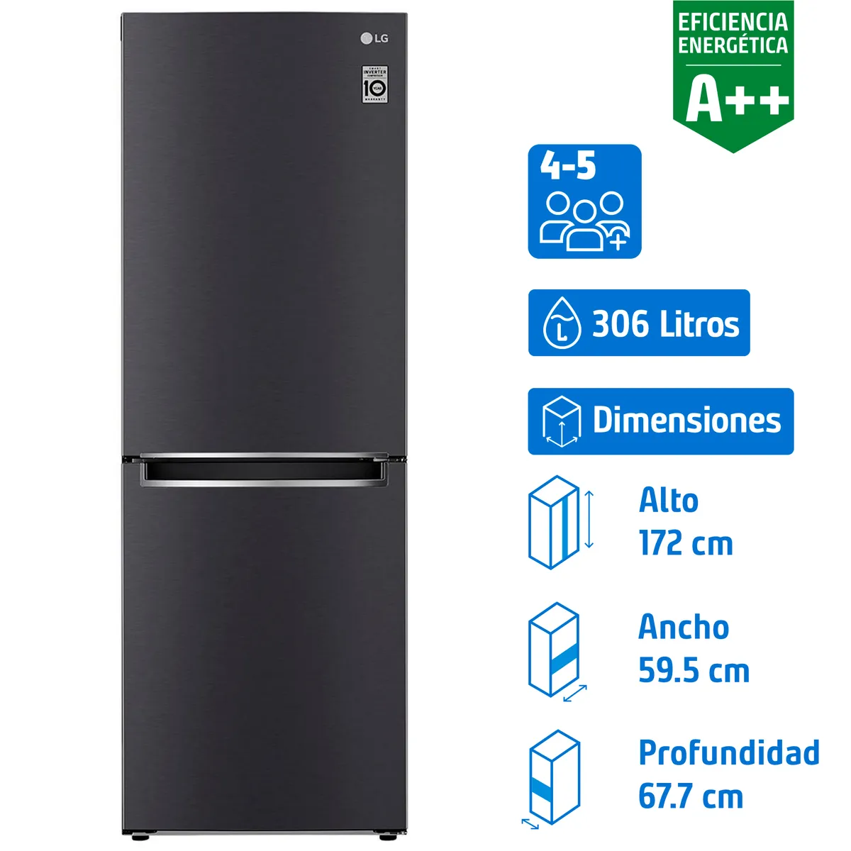 LG - Refrigerador Bottom Freezer No Frost 306 Litros Negro Matte Steel GB33BPT