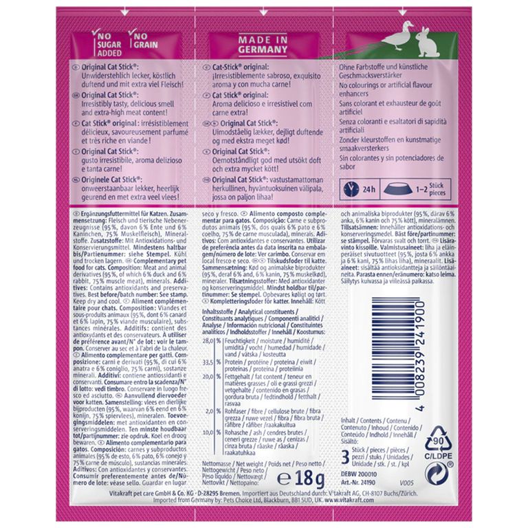 Snack gato stick conejo y pato 18 gr