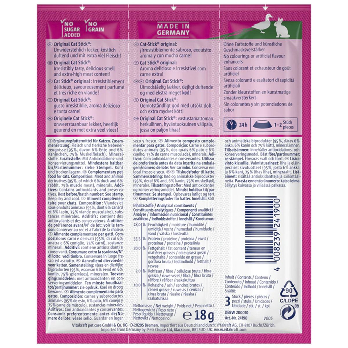 VITAKRAFT - Snack gato stick conejo y pato 18 gr