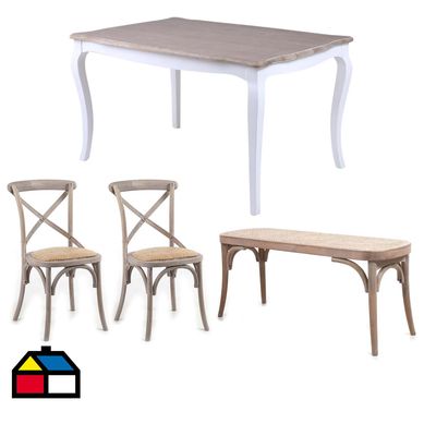 Combo Mesa Vintage135x90x76 Blanco + 2 Sillas Vatagge recta + Banqueta Vatagge 2cue