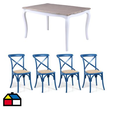 Combo Mesa Vintage135x90x76 Blanco + 4 Sillas Vatagge recta 44x46x88 az