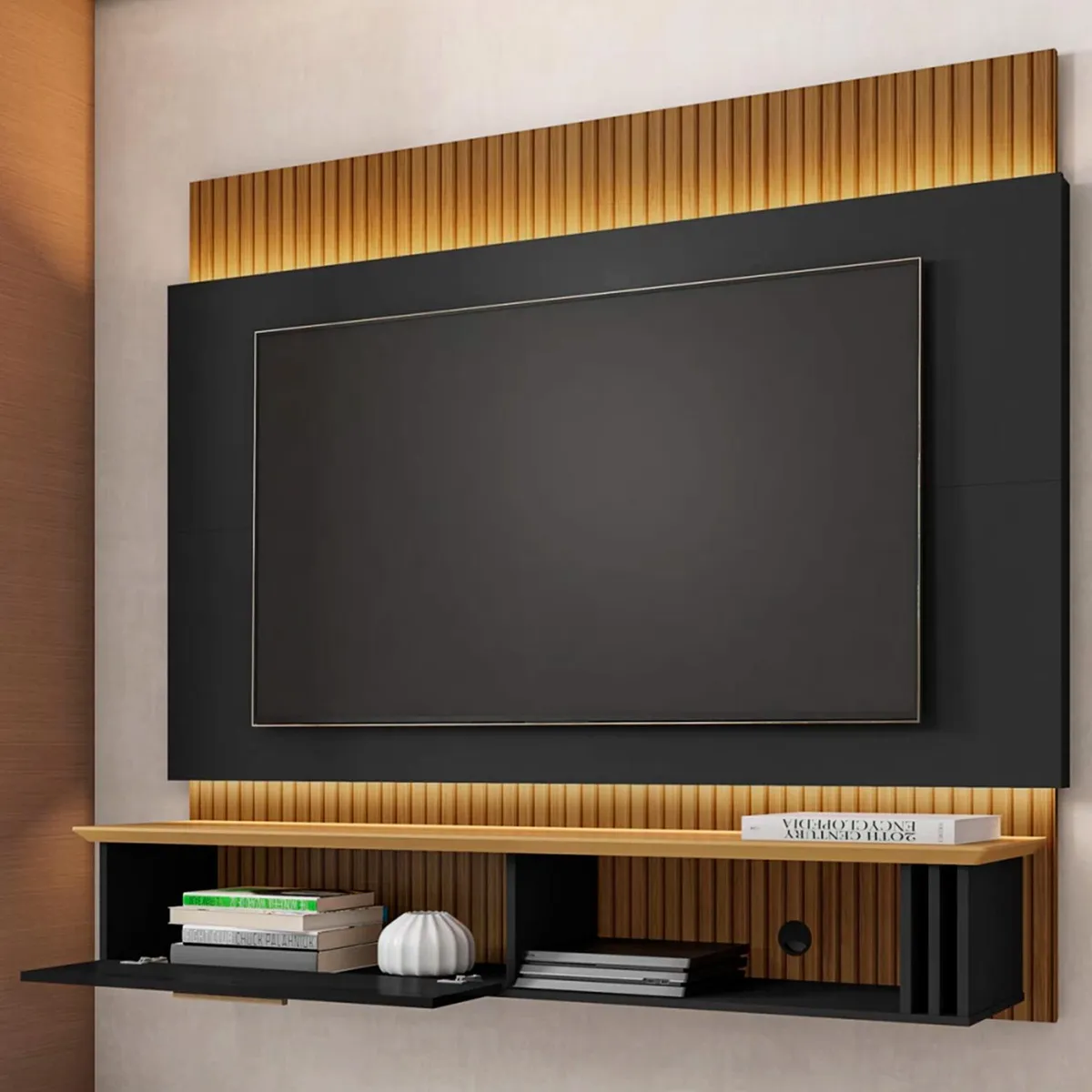 HOGA - Panel Rack TV 65 " París Negro/Canela 160x146x36 cm
