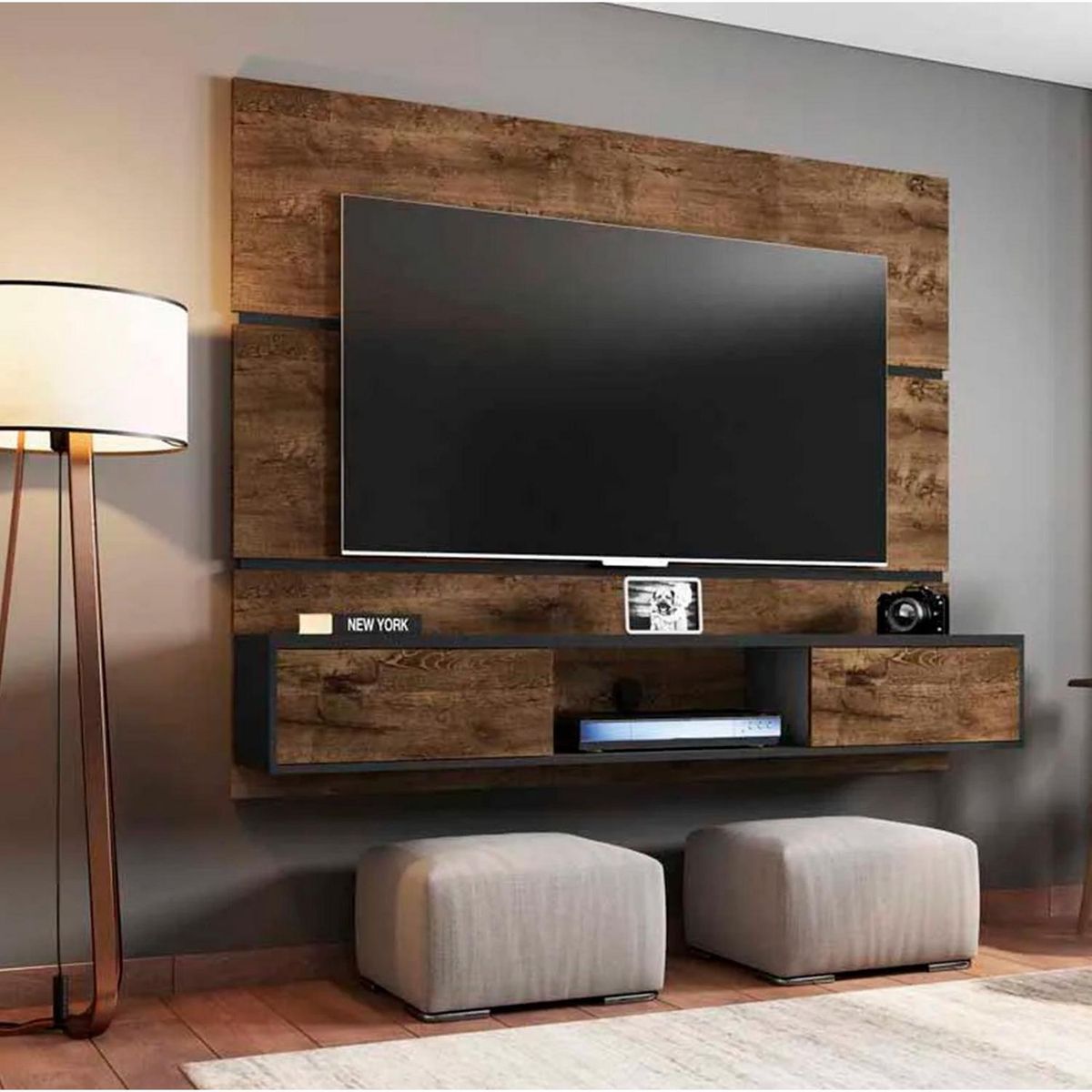 HOGA - Panel rack tv 65" rústico negro 136x160x35 cm