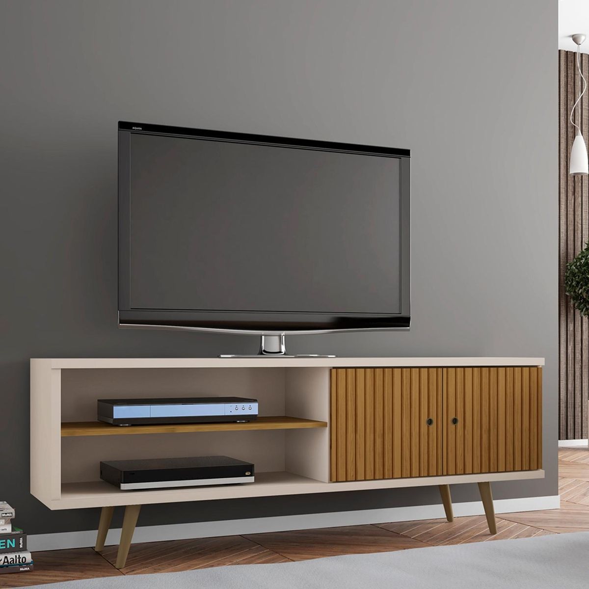 HOGA - Rack tv 70" blanco canela ripado 65x160x39 cm