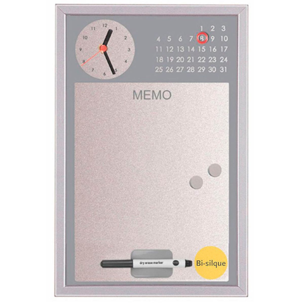 BI SILQUE - Pizarra Memo Reloj Gris 40x35 Bi-silque