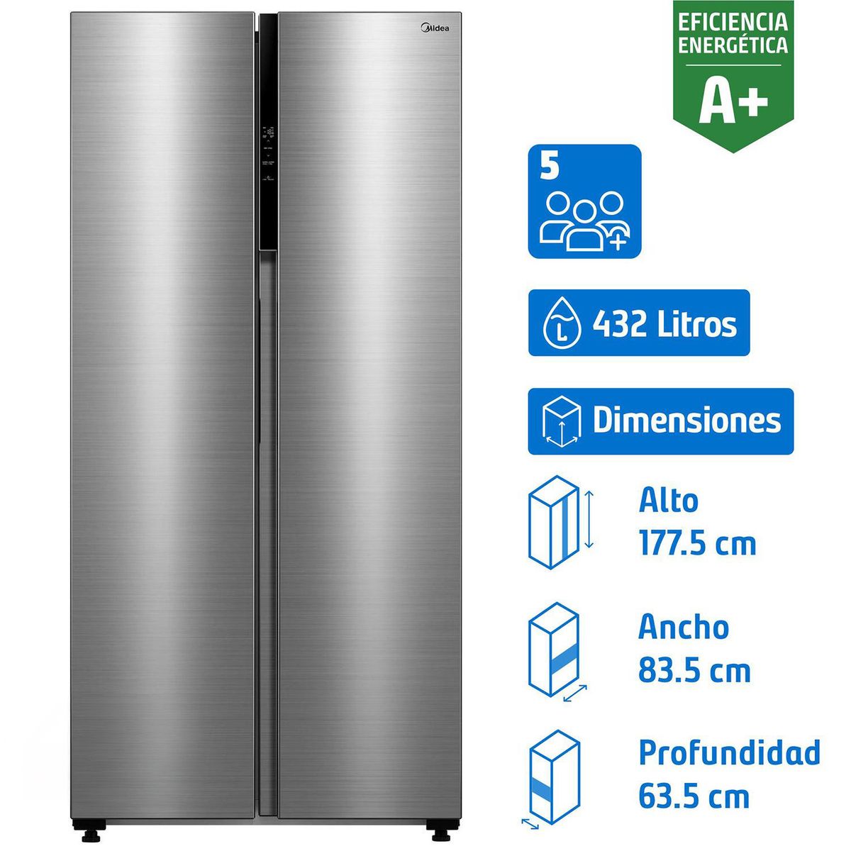 MIDEA - Refrigerador 2 Puertas Side by Side No Frost 432 Litros Inox MDRS619FGE46