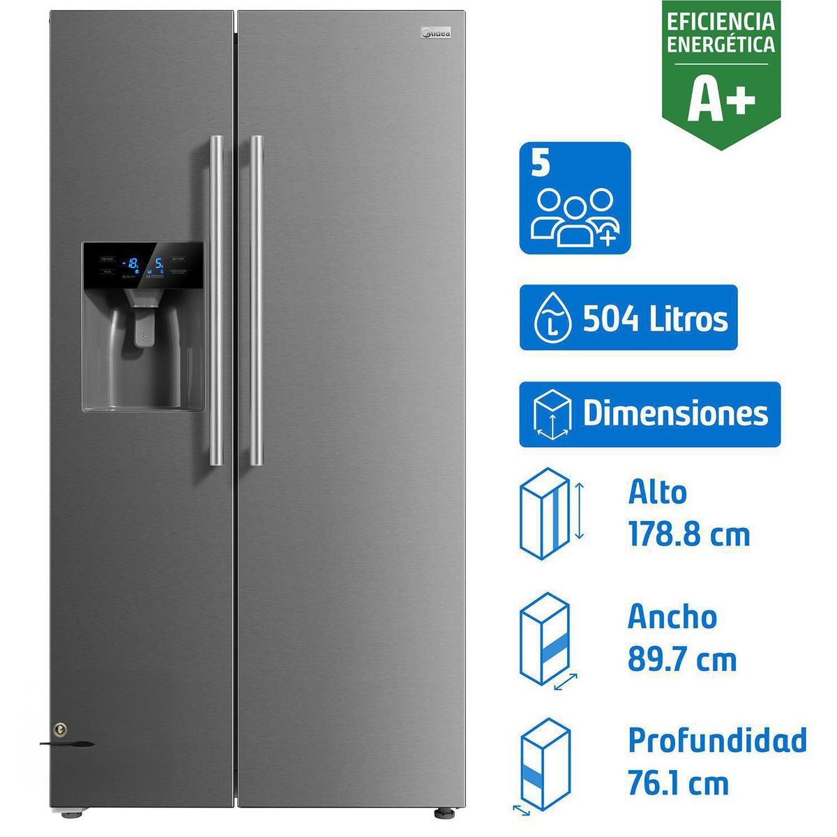 MIDEA - Refrigerador 2 Puertas Side by Side No Frost 504 Litros Inox MDRS681FGE02