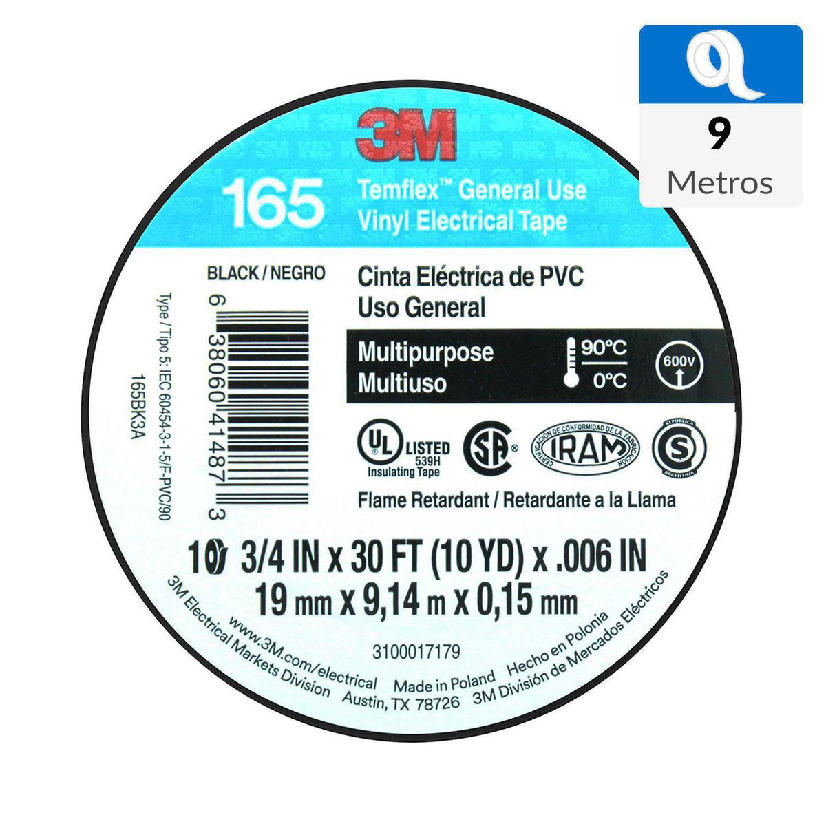 3M - Cinta Aisladora Eléctrica Uso General 19 mm x 9 m Negra