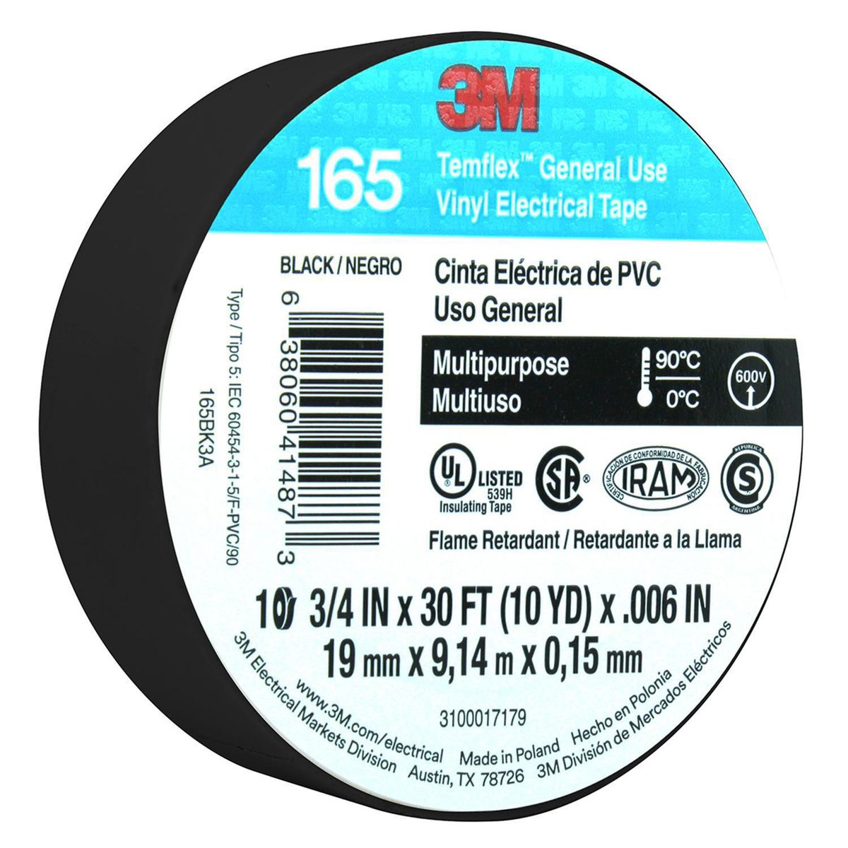 3M - Cinta Aisladora Eléctrica Uso General 19 mm x 9 m Negra