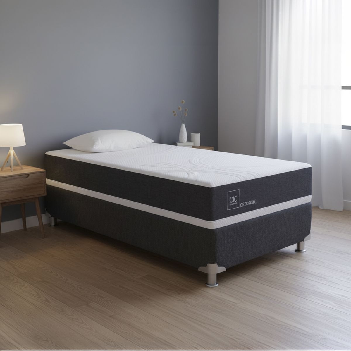 CIC - Box Spring New Ortopedic B5 Black 1 Plaza + Almohada