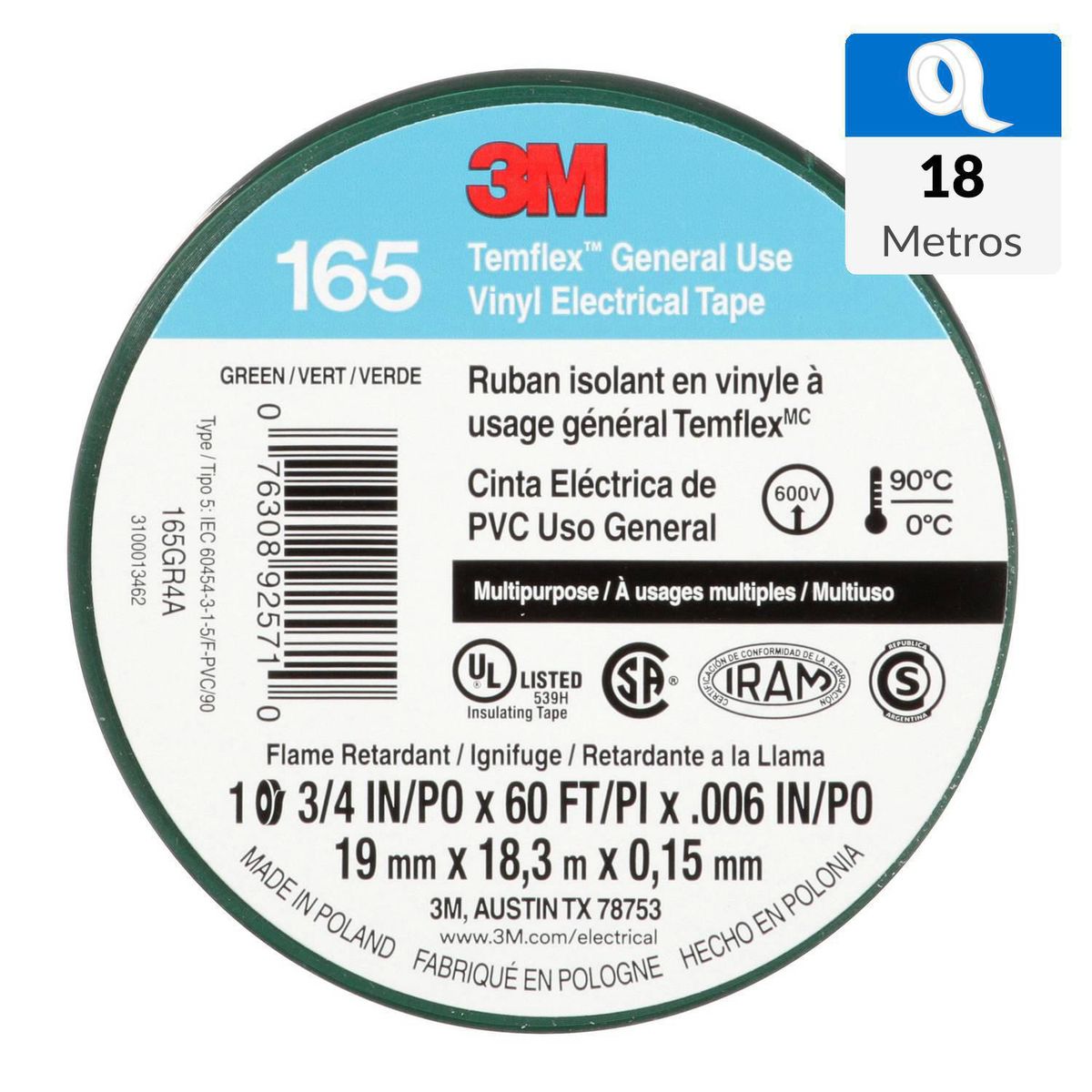 3M - Cinta Aisladora Eléctrica 19 mm x 18 m Verde