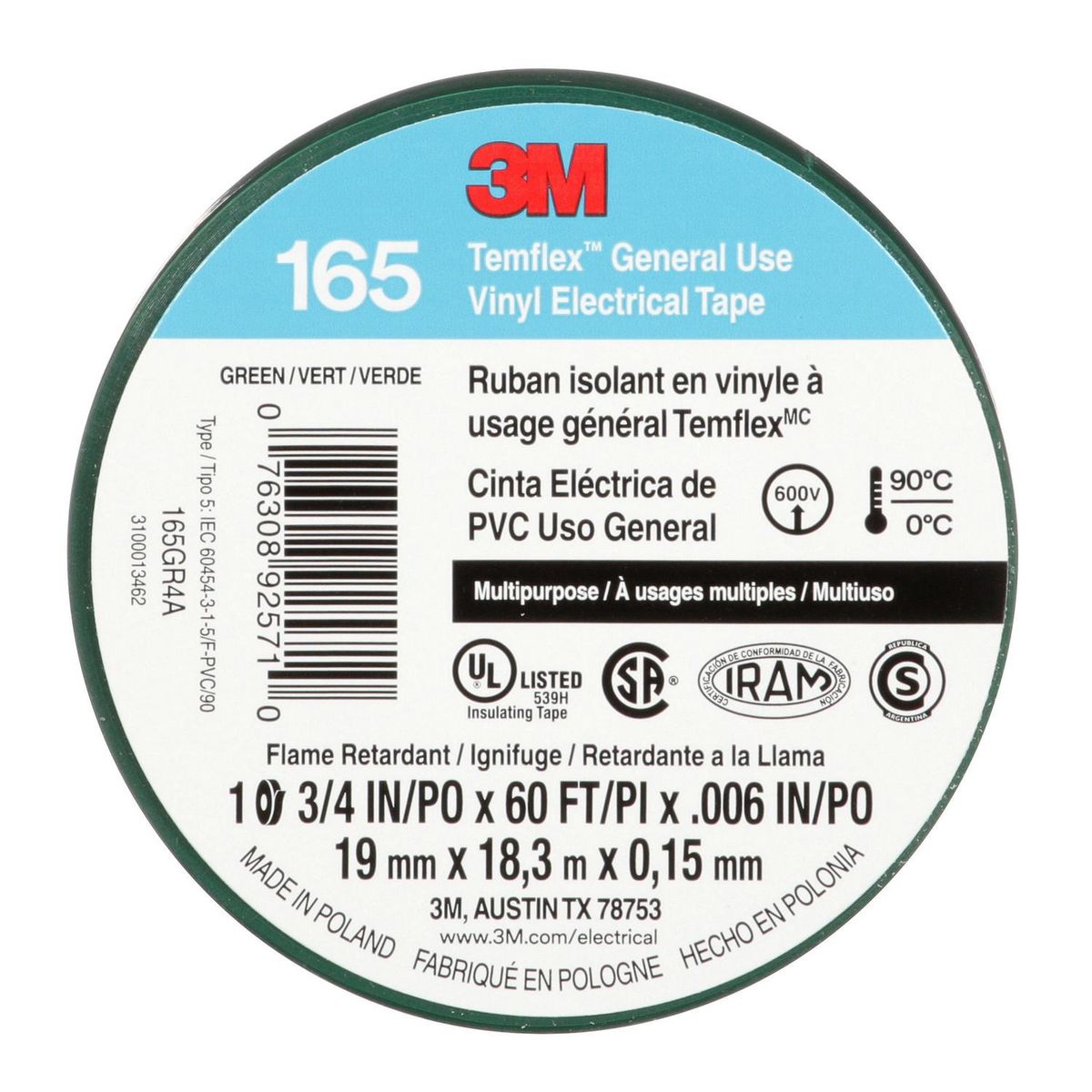 3M - Cinta Aisladora Eléctrica 19 mm x 18 m Verde