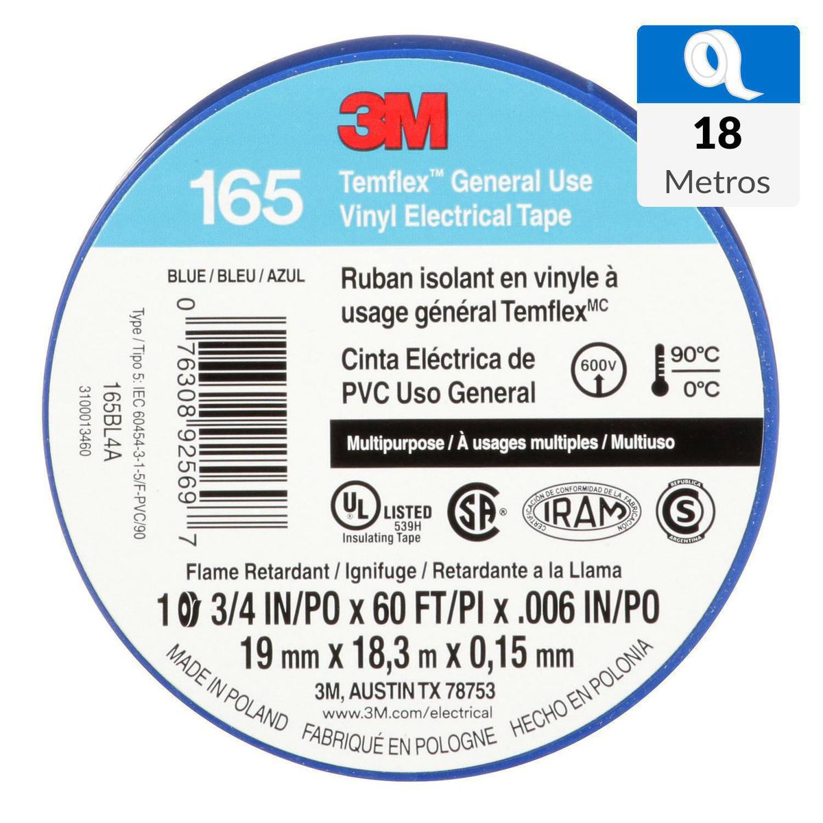 3M - Cinta Aisladora Eléctrica 19 mm x 18 m Azul