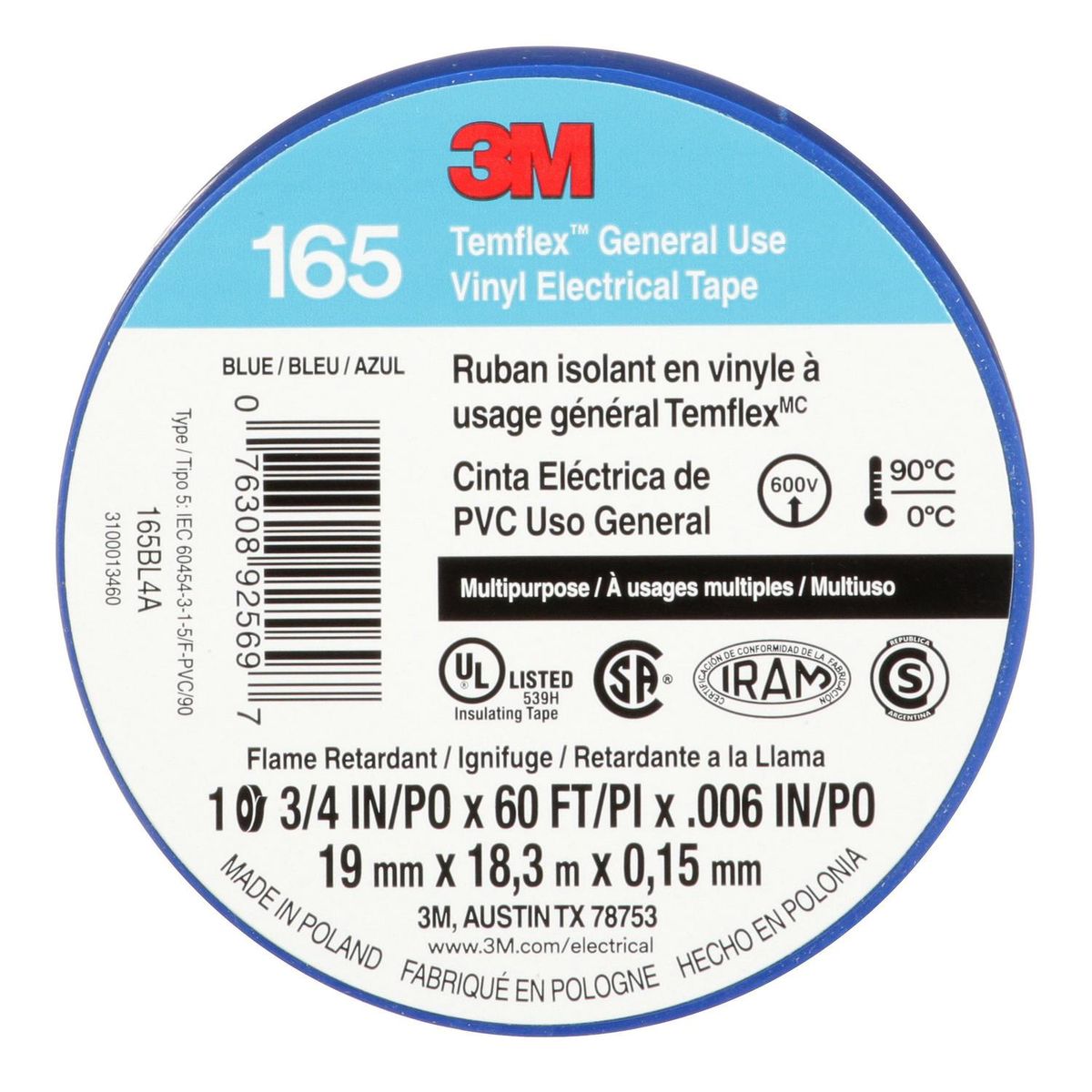 3M - Cinta Aisladora Eléctrica 19 mm x 18 m Azul