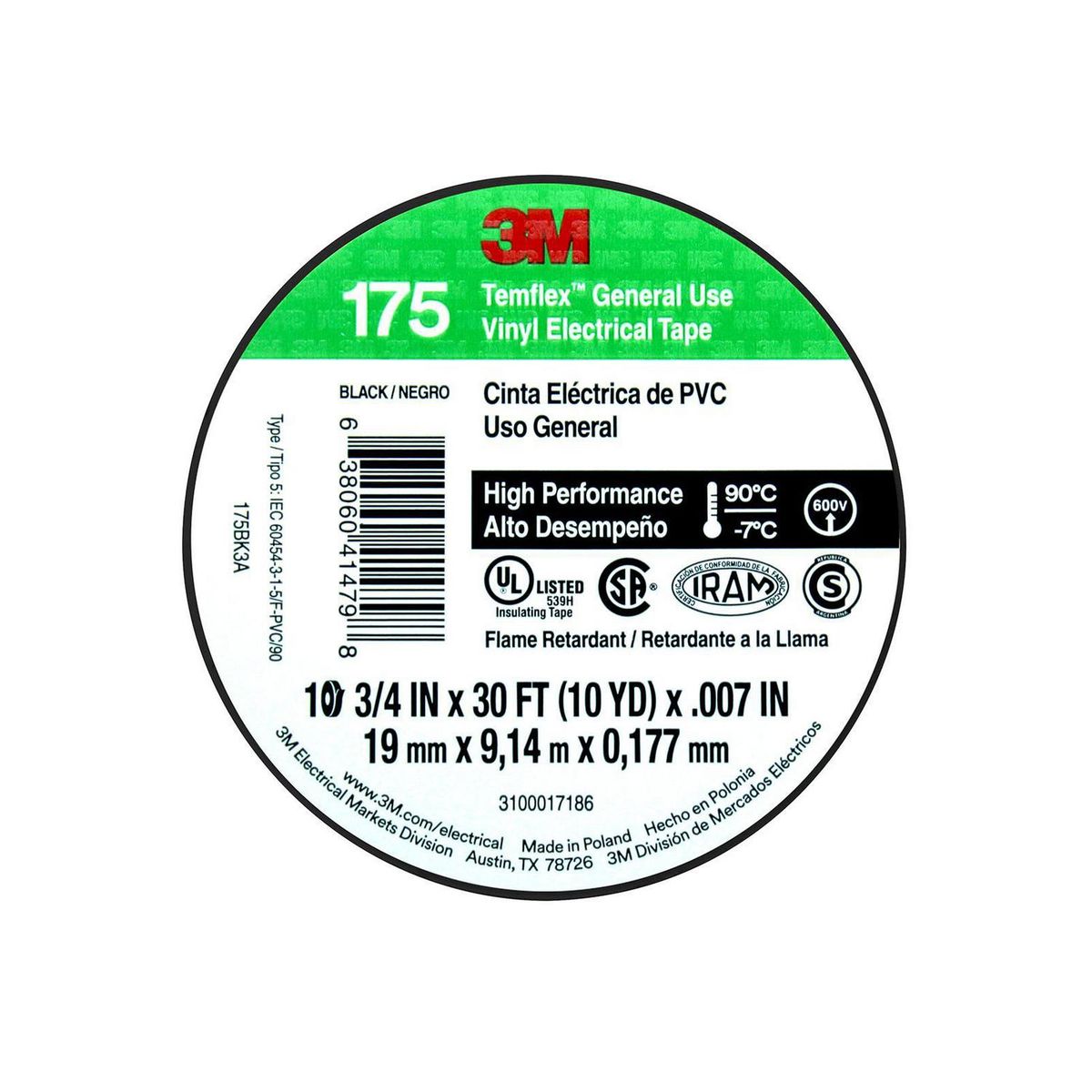 3M - Cinta Aisladora Eléctrica Alto Desempeño 19 mm x 9 m Negra