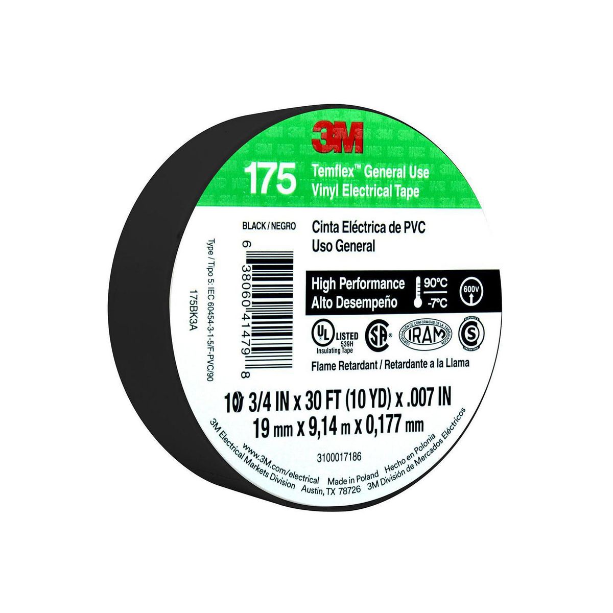 3M - Cinta Aisladora Eléctrica Alto Desempeño 19 mm x 9 m Negra