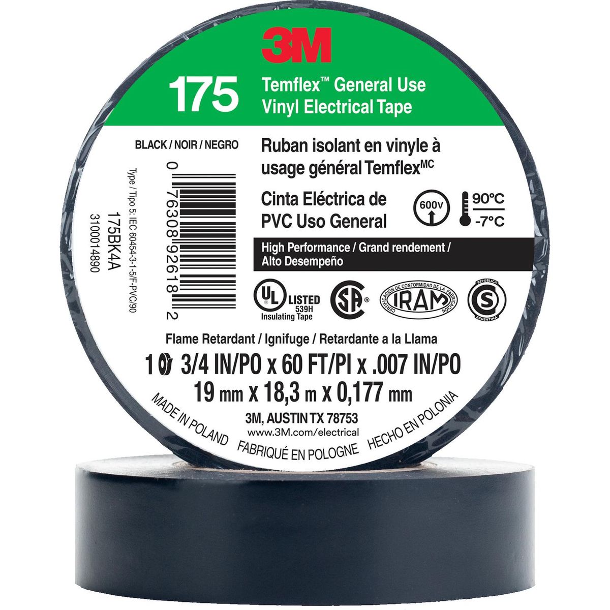 3M - Cinta Aisladora Eléctrica Alto Desempeño 19 mm x 18 m Negra