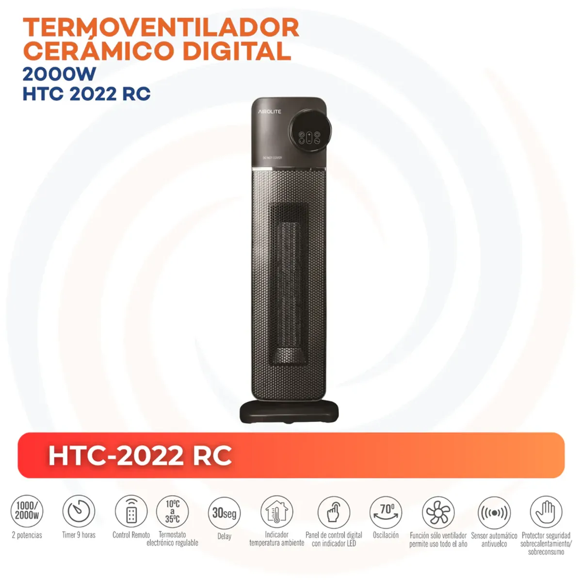 AIROLITE - Termoventilador Cerámico Eléctrico 2000 W HTC-2022 RC Negro