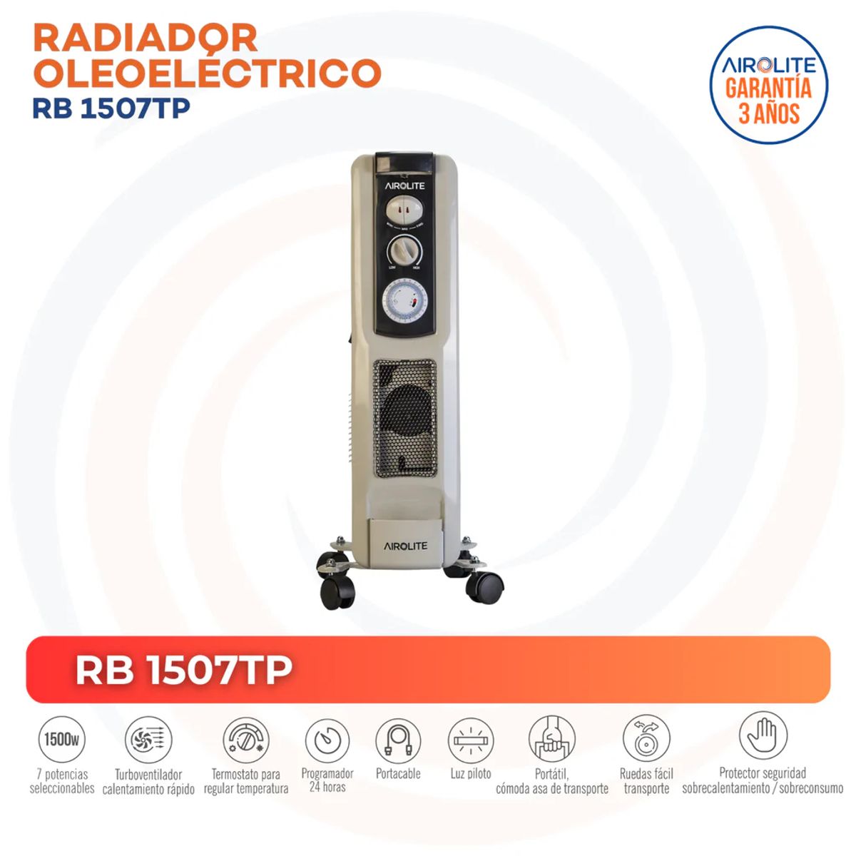 AIROLITE - Radiador 1500 W Oleoeléctrica RB 1507TP Gris