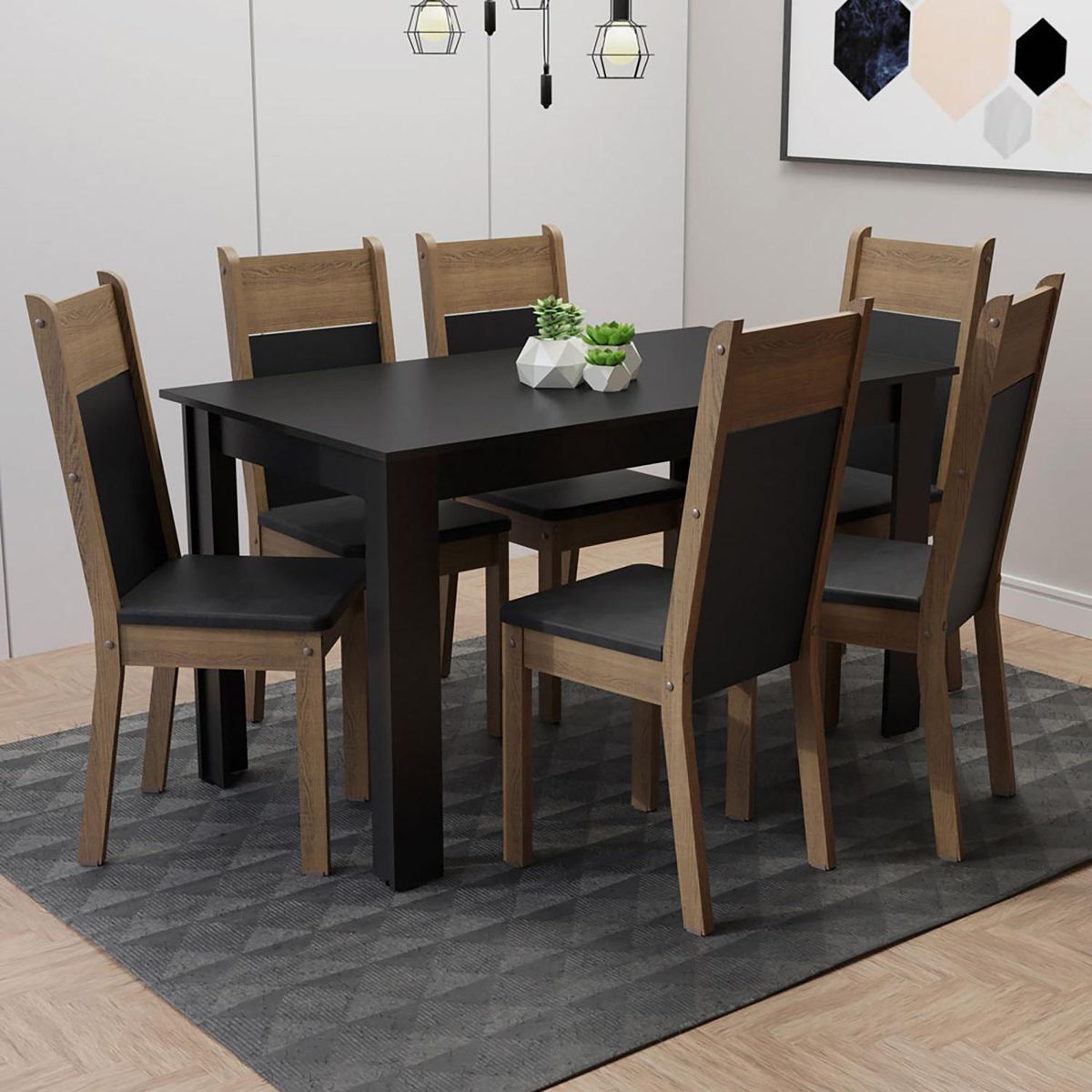 EXIT - Juego de Comedor Cipres 6 Sillas Mesa Rectangular 75x76x136 cm Negro