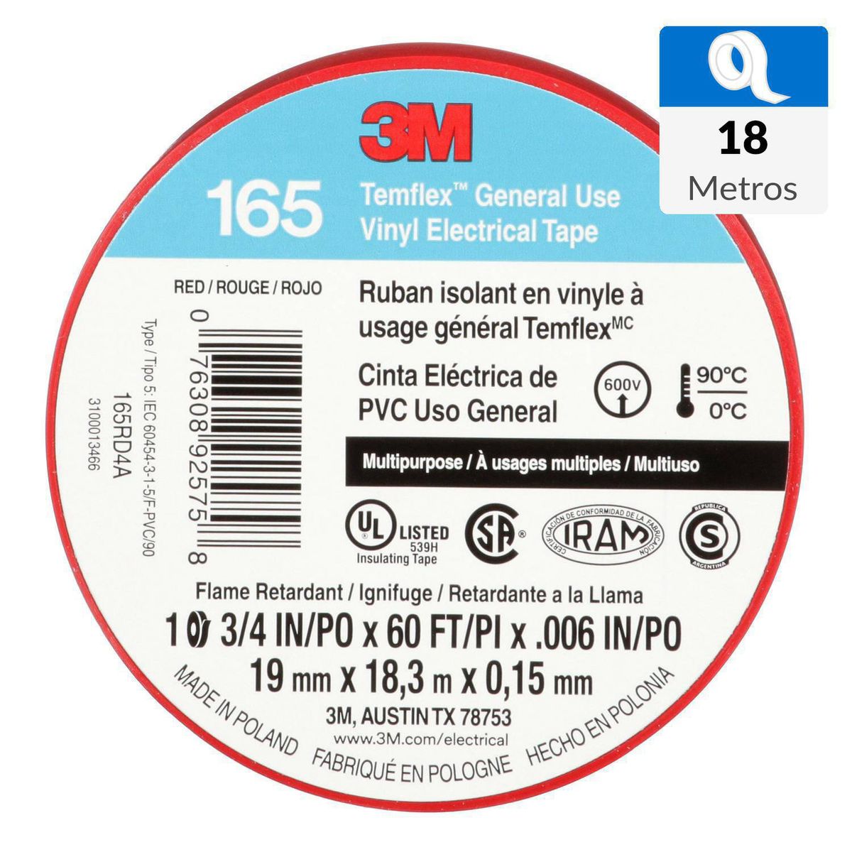 3M - Cinta Aisladora Eléctrica 19 mm x 18 m Roja