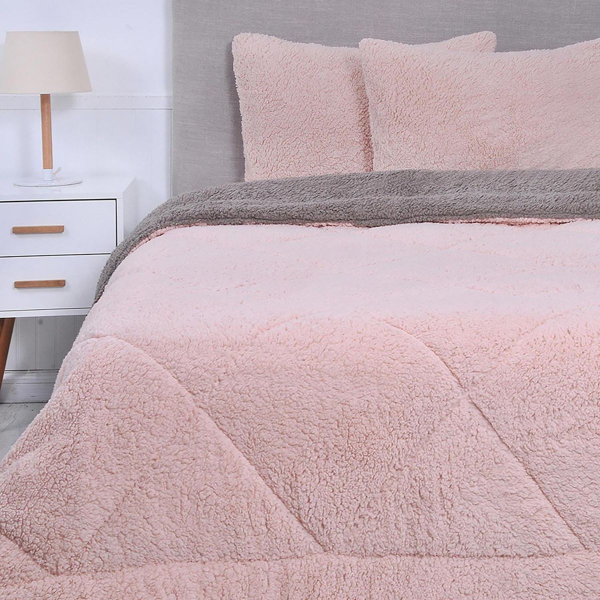 MASHINI - Plumón 2 plazas Sherpa Rosado/gris 