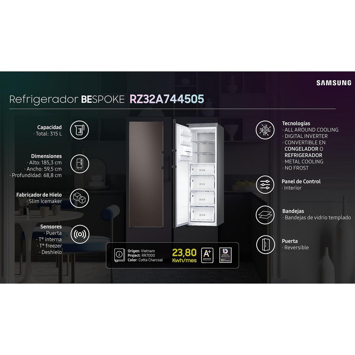 SAMSUNG - Refrigerador/Congelador Bottom Freezer No Frost 315 Litros Cotta Charcoal RZ32A744505/ZS