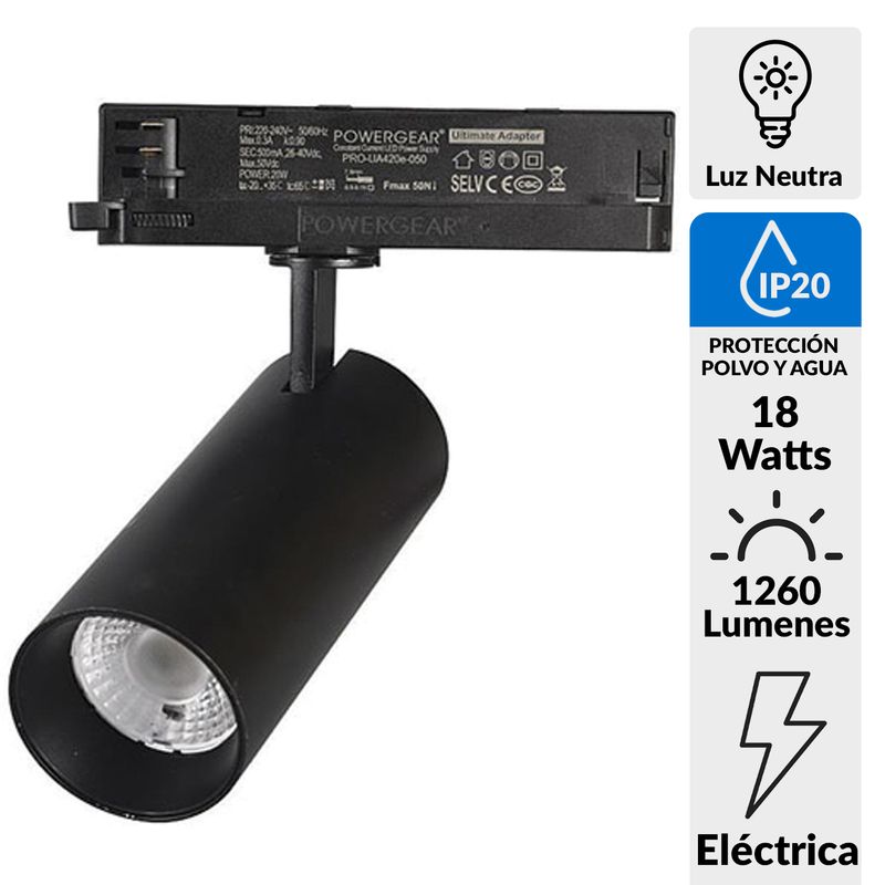 HB LEDS - Foco De Riel 40º Monofásico 18W Neutro Negro