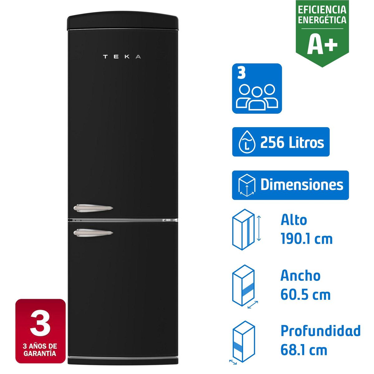 TEKA - Refrigerador Bottom Freezer No Frost 256 Litros Negro RBF 78615 RTR - RETRO