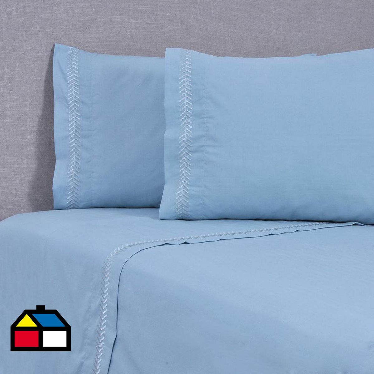 MASHINI - Sábana bordada 144 hilos 2 plazas puntos celeste