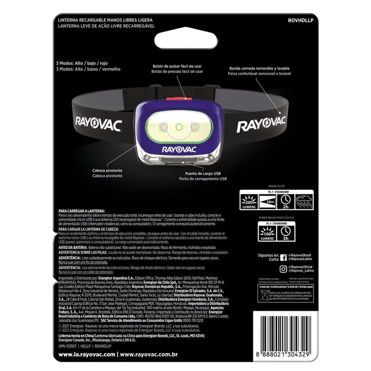 RAYOVAC - Linterna Manos Libres Recargable 200 lumenes