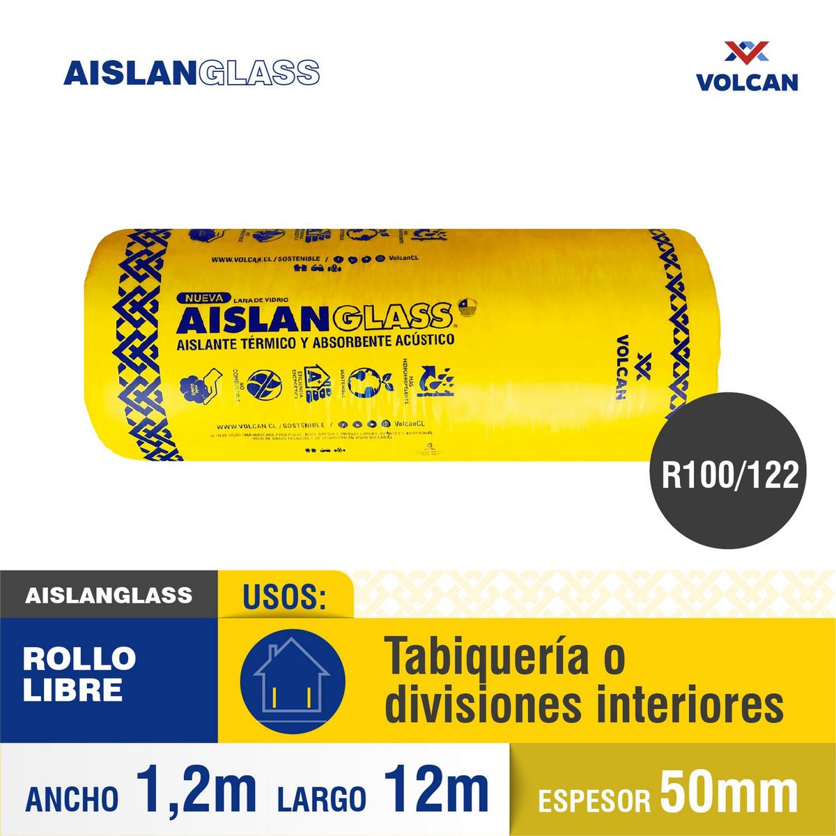 AISLANGLASS - Lana de vidrio R122 libre 50 mm 1,2x12 m 1 rollo