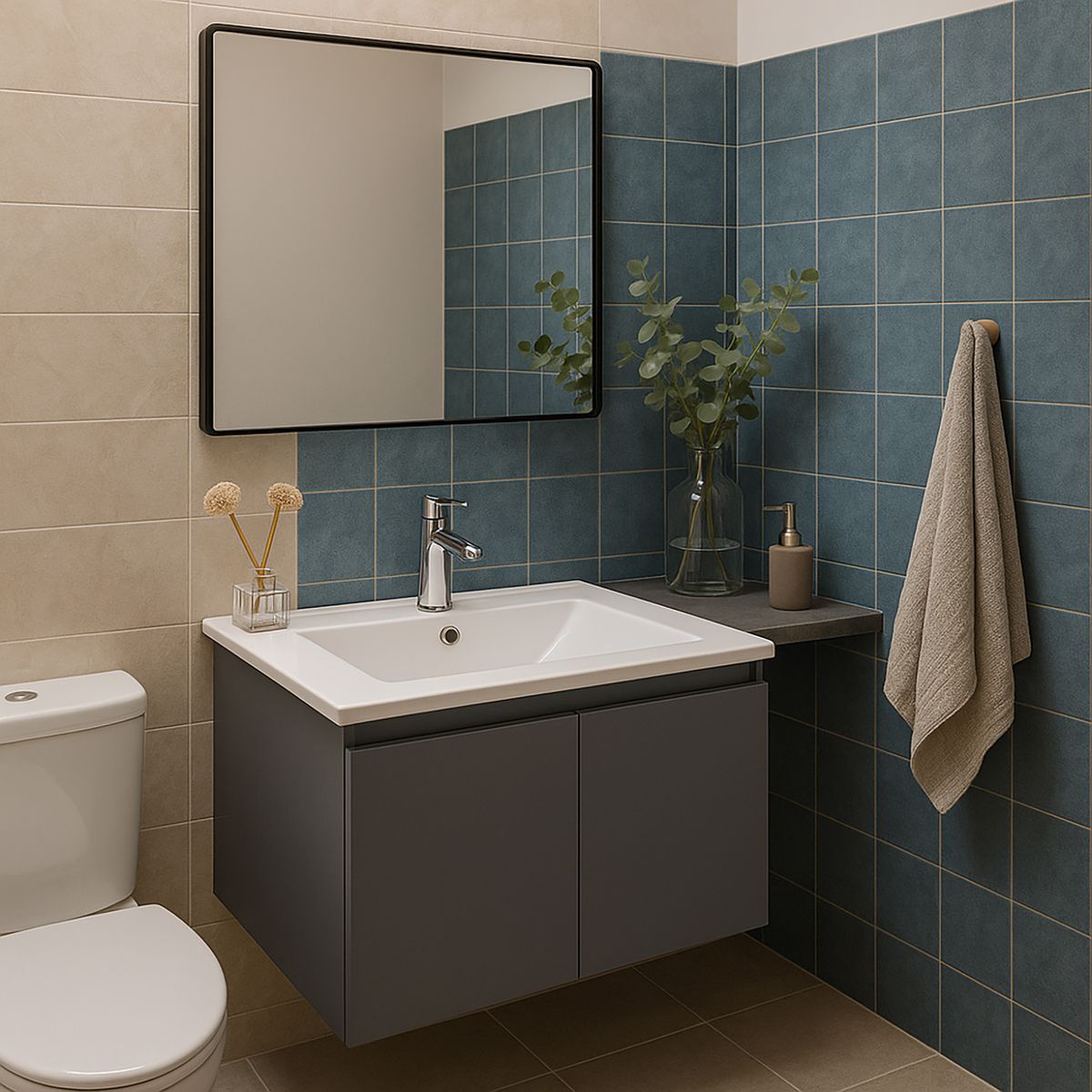 KLIPEN - Mueble lavamanos cerámica c/rebalse, 2 puertas, 60cm silver grey