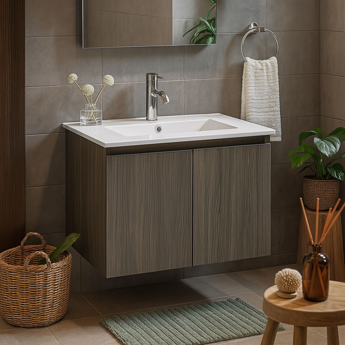 KLIPEN - Mueble lavamanos loza vitrificada c/rebalse, 2 puertas, 60cm grey oak