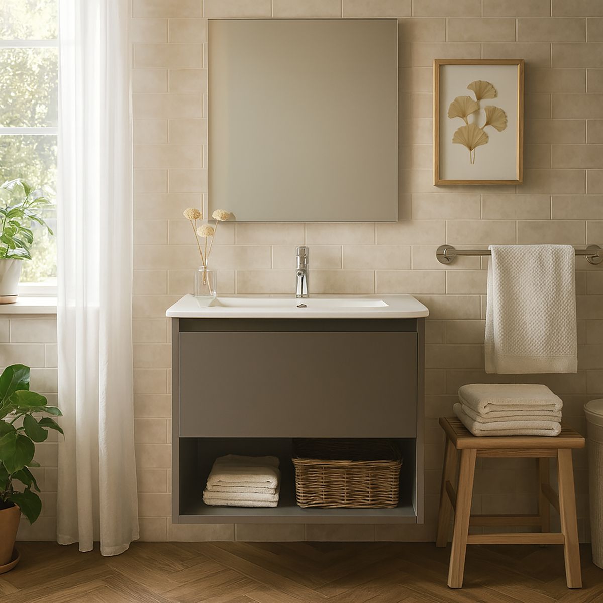 KLIPEN - Mueble lavamanos cerámica c/rebalse, 1 cajón, 60cm misty grey matt