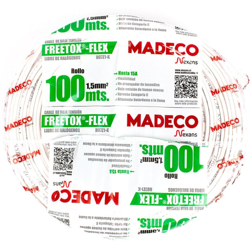 MADECO - Cable Libre de Halógenos H07Z1-K 1x1,5 mm2 100 metro(s) Blanco