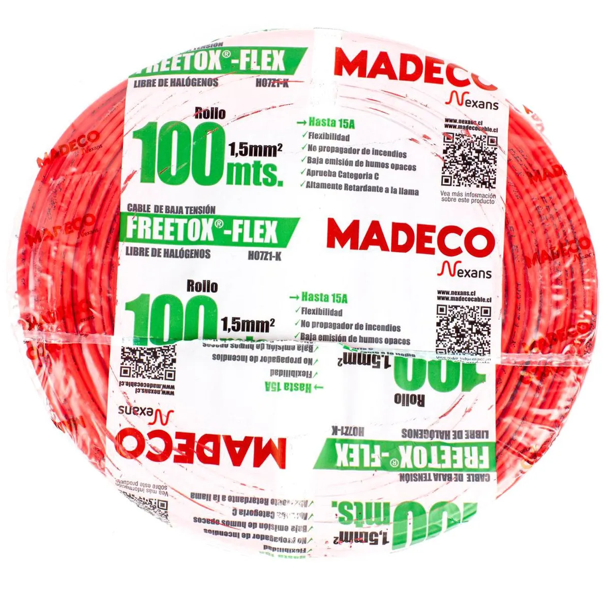 MADECO - Cable Libre de Halógenos H07Z1-K 1x1,5 mm2 Rojo 100 metro(s) 