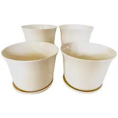 DECOGREEN - Set 4 Maceteros y Platos Biodegradables de Bambú 16.5x13 Blanco