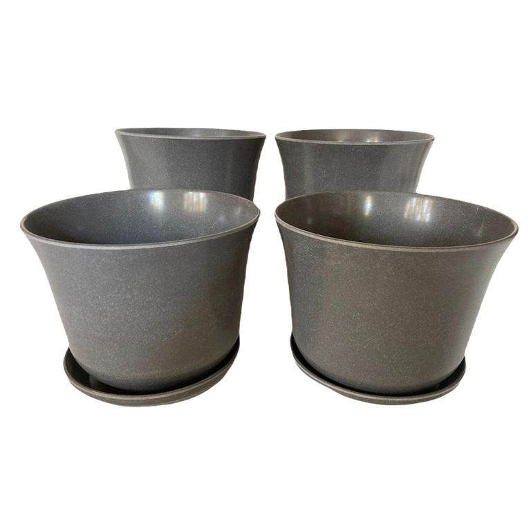 Set 4 Maceteros y Platos Biodegradables de Bambú 16.5x13 cm Gris
