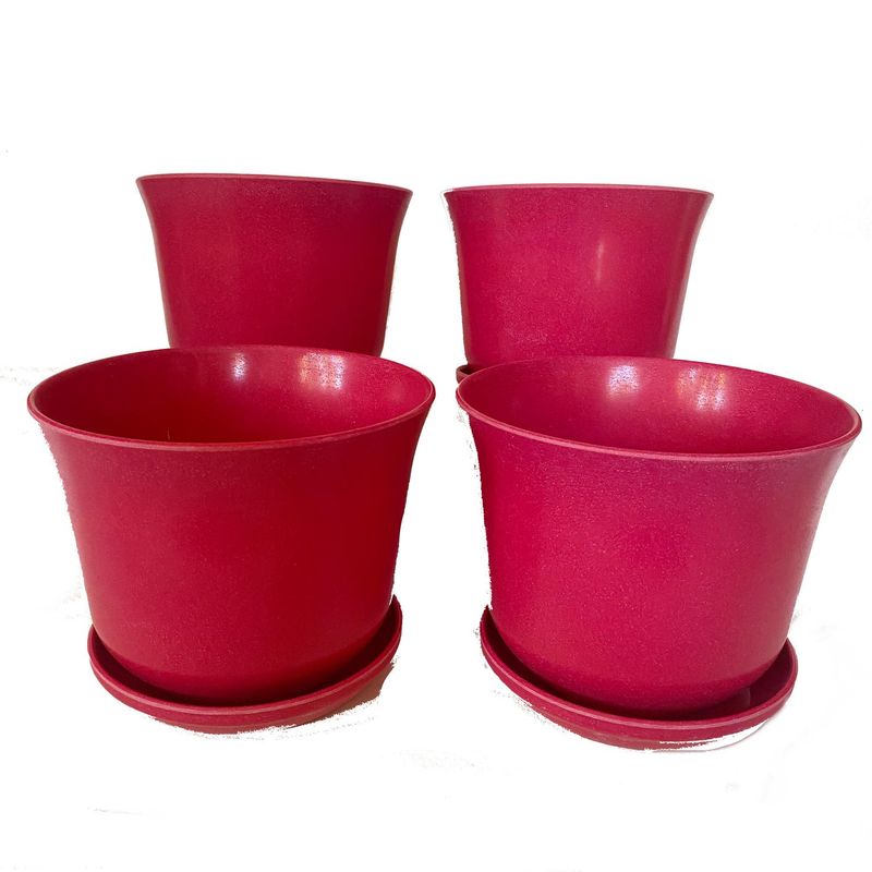 DECOGREEN - Set 4 maceteros y platos bio bamboo curvo rojo 16,5x16,5x13 cm