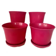 DECOGREEN - Set 4 Maceteros y Platos Biodegradables de Bambú 16.5x13 cm Rojo