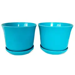 DECOGREEN - Set 2 maceteros y platos biodegradable bambú curvo turqu 16,5x16,5x13