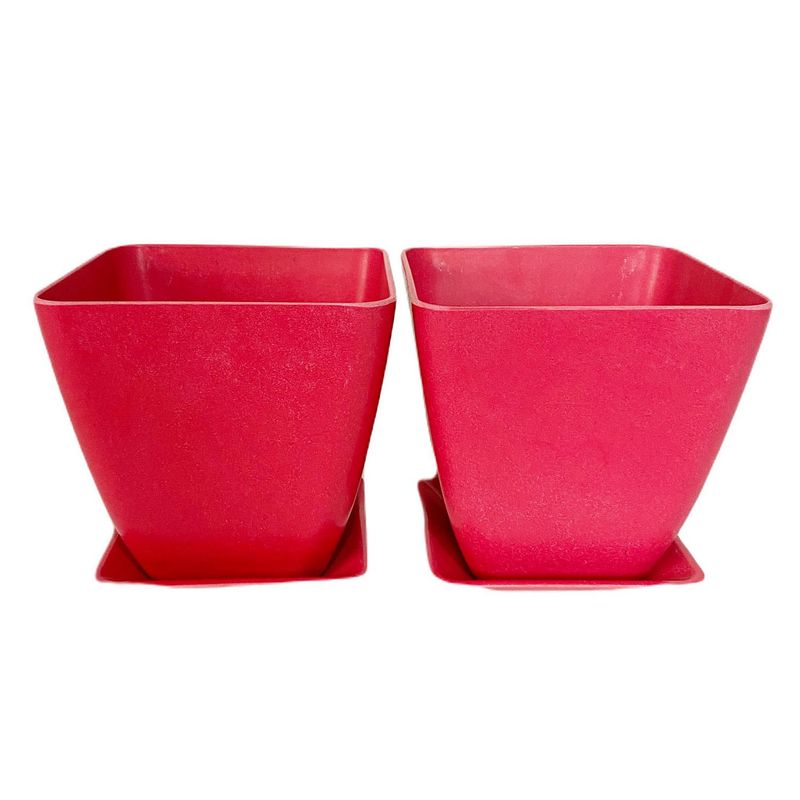 DECOGREEN - Set 2 maceteros y platos bio bamboo cuadrado coral 13,3x13,3x12,4 cm