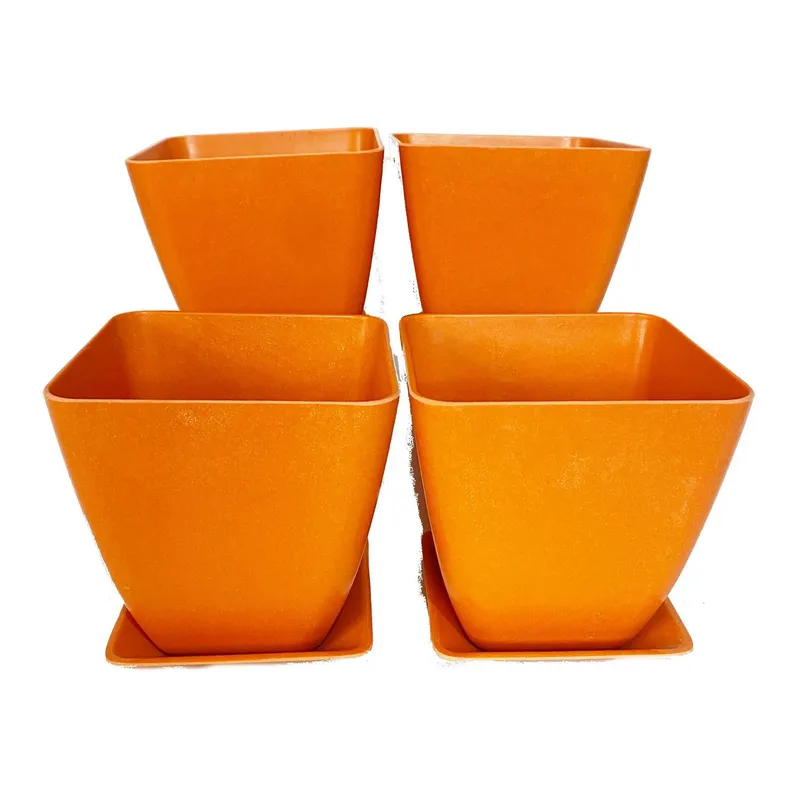 DECOGREEN - Set 4 Maceteros y Platos Biodegradables Cuadrados de Bambú 12.4x13.3 Naranjo