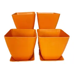 DECOGREEN - Set 4 maceteros y platos bio bamboo cuadrado naranjo 13,3x13,3x12,4 cm