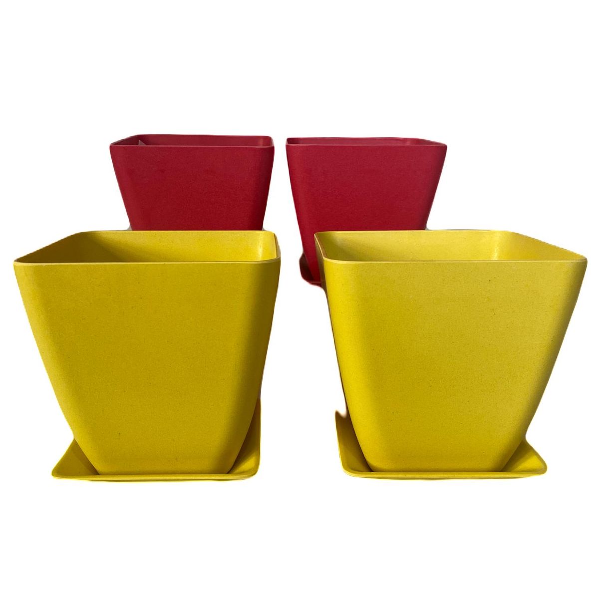 DECOGREEN - Set 4 macetero y plato biodegradable bambú cuadrado 2 coral 2 amarillo