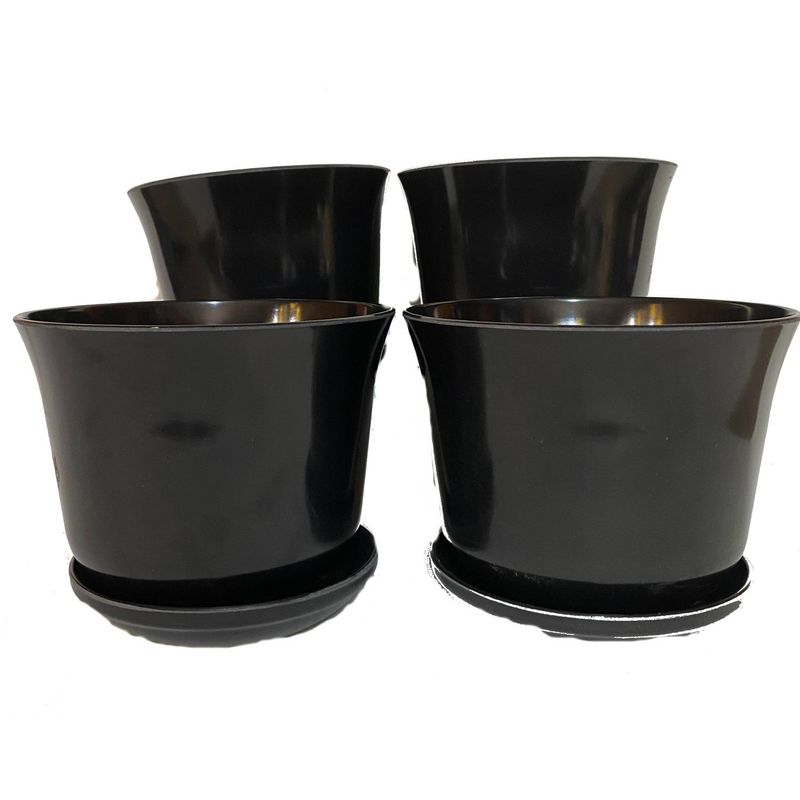 DECOGREEN - Set 4 maceteros y platos bio bamboo curvo negro 16,5x16,5x13 cm