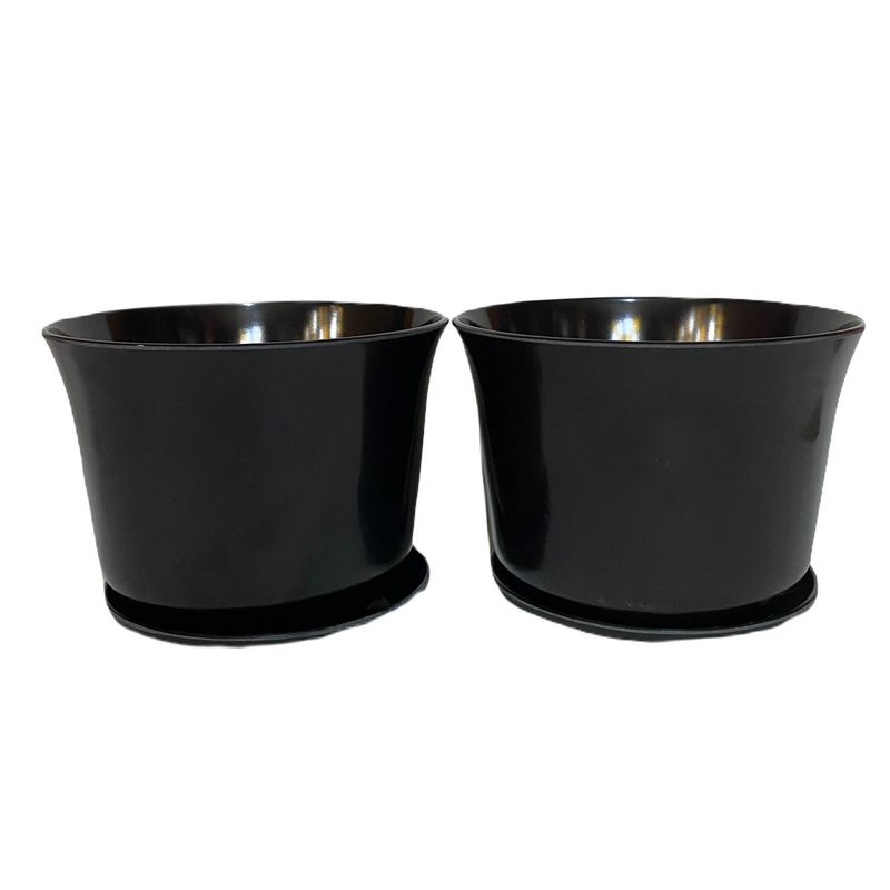 DECOGREEN - Set 2 maceteros y platos biodegradable bamboo curvo negro 16,5x16,5x13